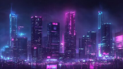 Fototapeta premium A futuristic cityscape glows brightly at night under a dark sky