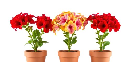 Fototapeta premium Three vibrant kalanchoe blossoms in individual terracotta pots, isolated on white background, orange, terracotta