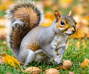 Fototapeta premium Red-gray squirrel hides nuts in the autumn park in the grass. Red gray squirrel portrait close up
