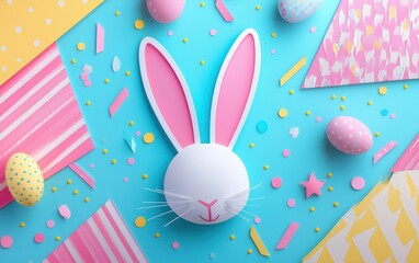 Colorful abstract Easter background with geometric shapes and pastel bunny ears, all set against a vibrant background