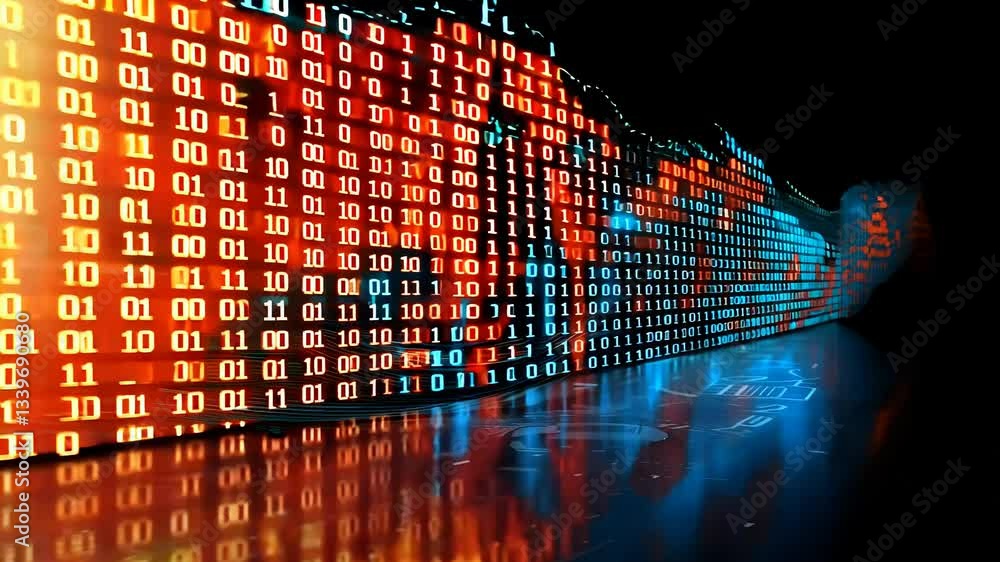 Aufkleber Long line of binary numbers with orange and blue lights. Concept of technology and digital information