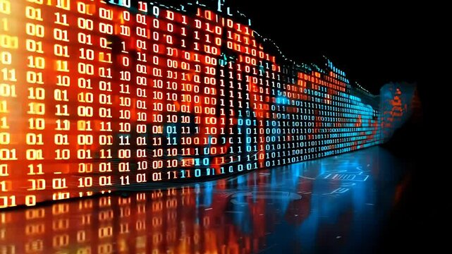 Long line of binary numbers with orange and blue lights. Concept of technology and digital information