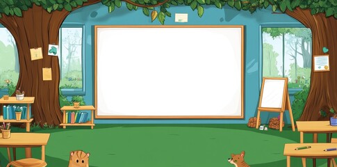 A whimsical classroom inside a tree with bright green foliage