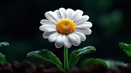 A white flower with a yellow center is shown in a dark background