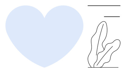 Large pastel heart next to abstract leaves and minimalistic line accents. Ideal for love, wellness, health, emotions, nature, modern art, and positivity. Flat simple metaphor