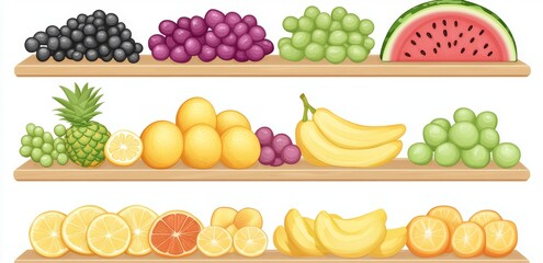 Organic fruits and vegetables on a wooden counter at the grocery store