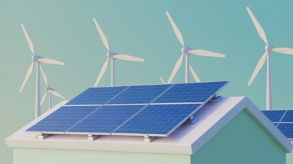 A house with solar panels on the roof and wind turbines in the background, highlighting renewable energy and sustainability.