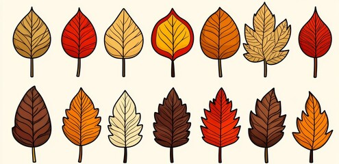 Obraz premium A collection of modern outline pictograms including young leaves from oak, elm, and ash trees, eco greens fertilizer, and symbols for autumn or fall in a garden