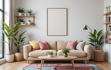 Modern and colorful interior of living room with design boucle sofa, mock up poster, shelf, plants, decorations and personal stuff. Home decor..