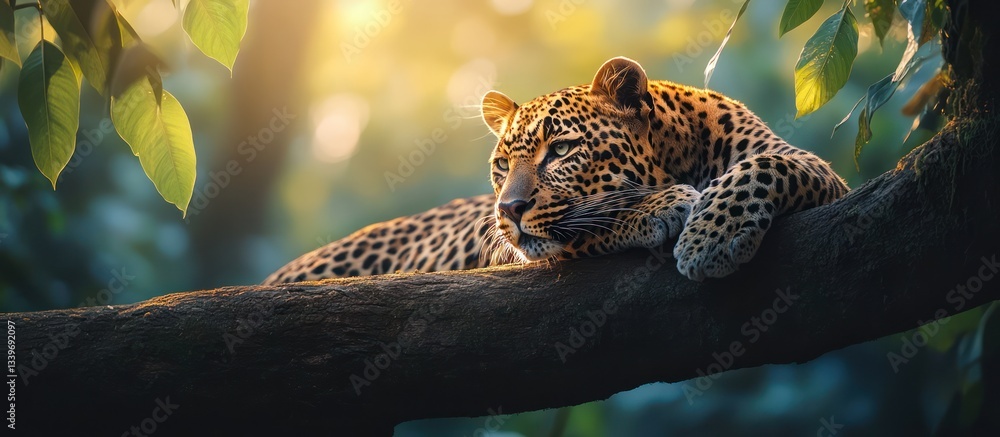 Poster leopard resting on a tree branch in sunlight.