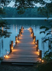 Obraz premium Wooden dock extending over a calm lake at twilight, illuminated by warm string lights. Tranquil, serene atmosphere