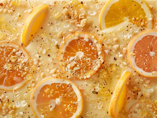 Close-up of a dessert made with oranges and lemons. The dessert is topped with orange slices and other fruits. It's colorful and appetizing.
