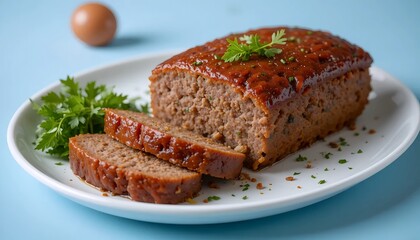 Plate with tasty baked turkey meatloaf on table, closeup