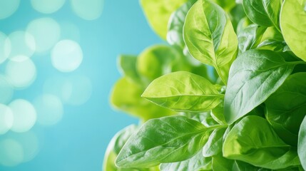 Obraz premium 鮮やかなバジルの葉が輝く青い背景で生活感あふれる室内植物の風景