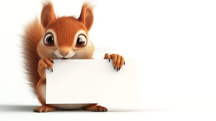 Playful squirrel holding a blank sign in a bright, minimalistic setting, perfect for messaging