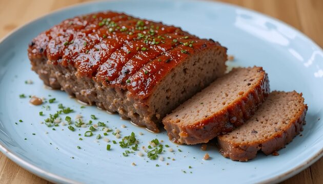 Plate with tasty baked turkey meatloaf on table, closeup