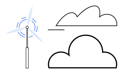Wind turbine with rotating blades near abstract clouds in line art style. Ideal for renewable energy, sustainability, clean power, technology, environment, innovation, flat simple metaphor