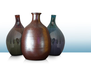 antique and old  three pottery vases on white floor, gradient white and blue background, object, decor, fashion, ancient, copy space