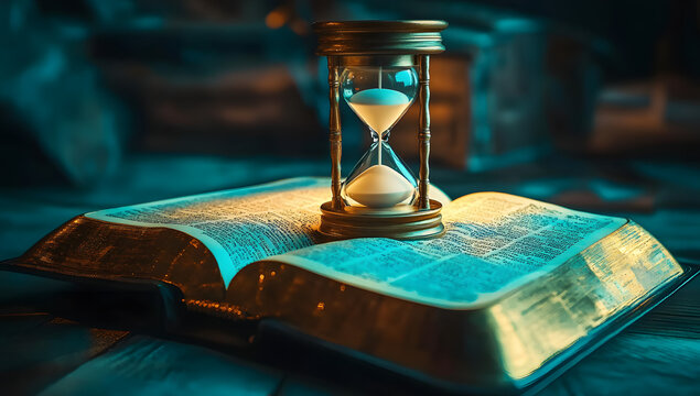 Hourglass and open Bible representing the end times.