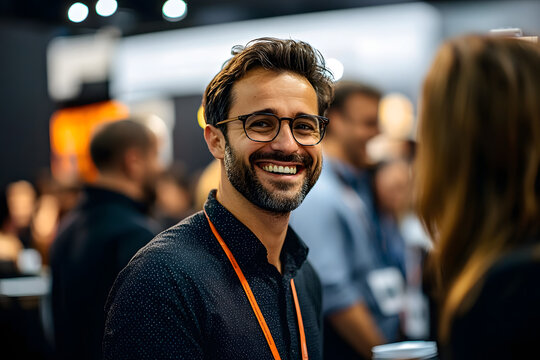 Close up picture of a happy and laughing staff or participant people group listening to a startup business owner at a trade show exhibition event. Generative AI.