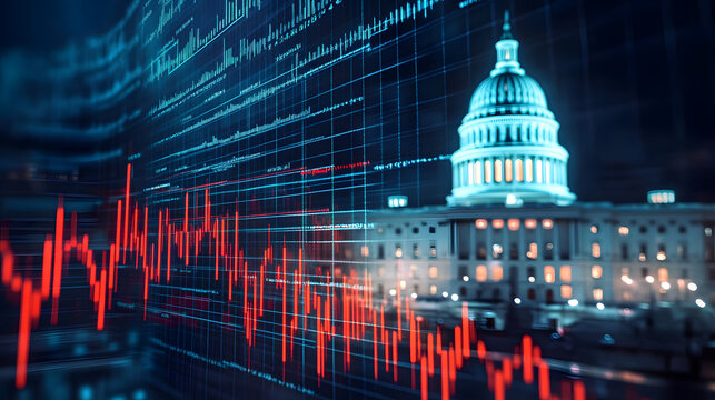 Fototapeta A double-exposure effect of the U.S. Capitol and a fluctuating stock market graph, merging seamlessly into each other, symbolizing economic governance and financial policy shifts.