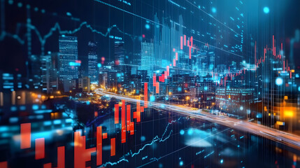 Trade technology, and investment analysis.Big data chart on city backdrop.Business development, financial plan and strategy.Analysis finance graph and market chart investment.