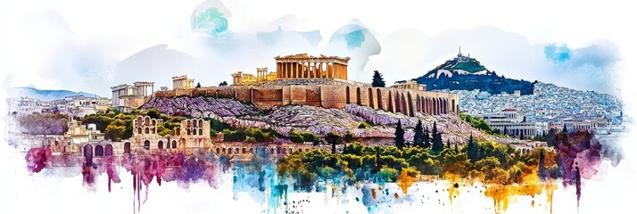 Watercolor Athens Panorama: Acropolis and Lycabettus Hill - Ancient Greek architecture, scenic cityscape, Acropolis majesty, Lycabettus hill views, vibrant watercolor art. Symbolizing history