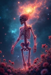 A vibrant skeleton surrounded by a galaxy of stars and flowers, symbolizing the connection between life and the cosmos in a surreal and artistic manner.