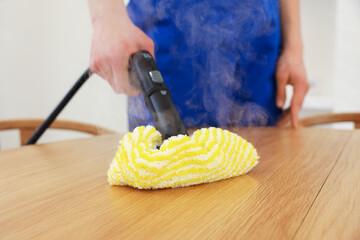 Janitor cleaning wooden surface with steam cleaner at home, closeup