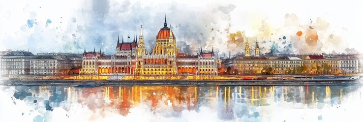 Fototapeta premium Watercolor Budapest Parliament Building and River - Majestic watercolor painting of the Hungarian Parliament Building reflected in the Danube River at dawn. Symbolizing history, architecture, beauty