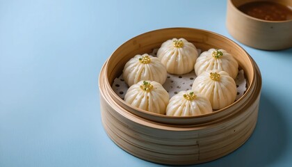 Chicken steam momo. Nepalese Traditional dish Momo stuffed with chicken and then cooked and served with sauce over a rustic wooden background, selective focus