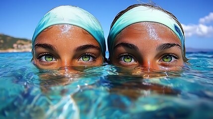 Two people in water, swimming, looking straight ahead