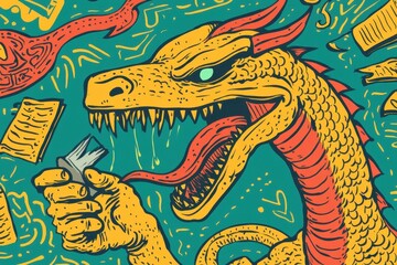 A bright stylized illustration of a dragon with a lighter