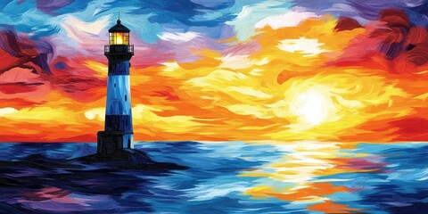 A lighthouse overlooking the sea during a colorful and vibrant sunset