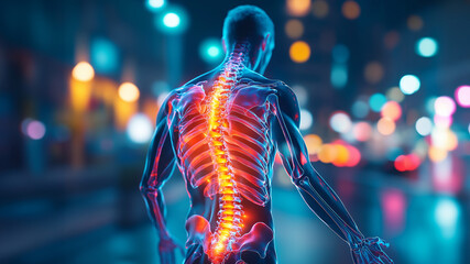Visualization of a human spine against a city backdrop at night highlighting anatomical structure and anatomy