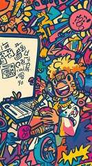 Fototapeta premium Animated Cartoon Depicting a Cheerful Person with Music and Color