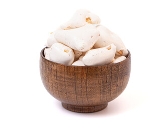 Freeze Dried White Nougat Candy Bar with Pieces of Peanut Isolated on a White Background