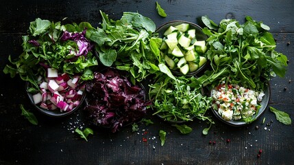  A table topped with bowls of vegetables, including a bowl of salad and cucumbers