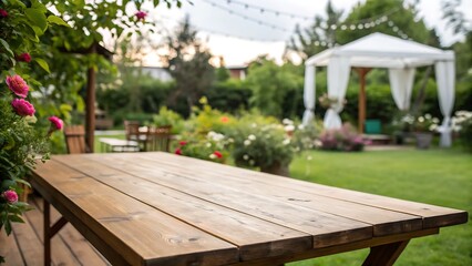 A Rustic Wooden Table Awaits Guests In A Lush Garden, Bathed In Soft Sunlight, A Tranquil Scene Perfect For An Outdoor Celebration Near A White Gazebo