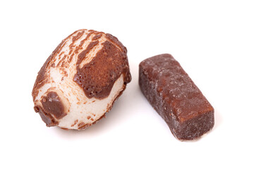 Chewy Mini Chocolate Covered Nougat Candies Isolated on a White Background