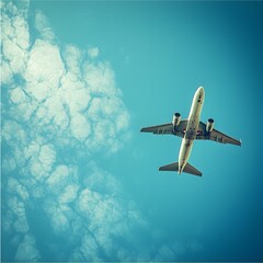 Obraz premium Airplane Flying Through a Clear Sky with Soft White Clouds Above
