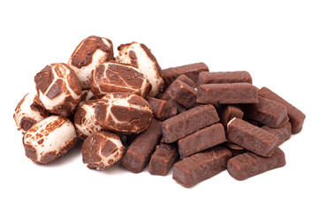 Chewy Mini Chocolate Covered Nougat Candies Isolated on a White Background