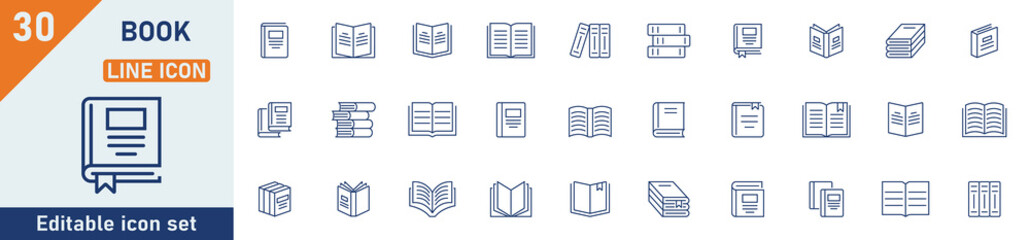 Book line icon set. Set of 30 outline icons related to book, education, dictionary, magazine, comic, brochure, school and others. Editable stroke. Vector illustration.