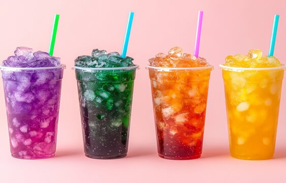 A vibrant, multicolored frozen juice cocktail in a plastic cup sits on a gradient background, with space left for text. This colorful slushie drink is the perfect refresher for summer