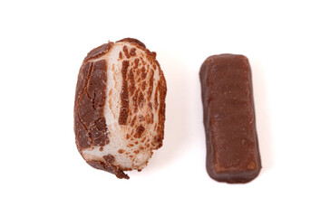 Chewy Mini Chocolate Covered Nougat Candies Isolated on a White Background