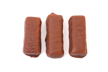 Chewy Chocolate Covered Nougat Mini Candy Bars Isolated on a White Background