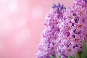 Fototapeta premium Easter Background, Easter Banner, Delicate Light Purple Hyacinths Close up on Pink Background Spring Floral Image