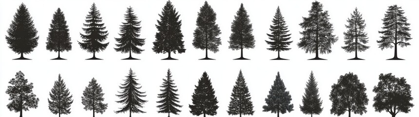 Fototapeta premium Simple black silhouettes of different coniferous and deciduous trees result in attractive decorative plant graphics