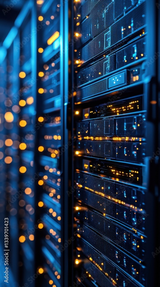 Poster close up view of a server room, showcasing the heart of modern data infrastructure.
