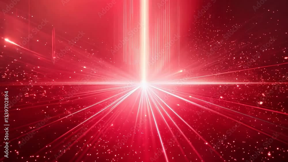 Poster red background with a bright red light that is pointing upwards. the light is surrounded by red stre